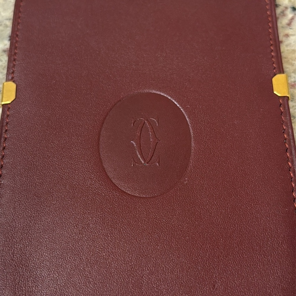 Vintage CARTIER Bordeaux Leather Card Holder with Gold Trim